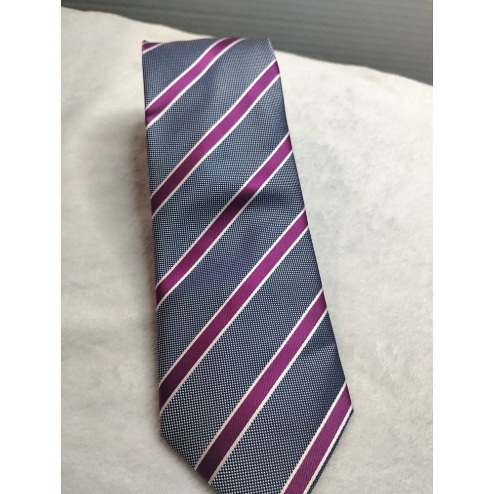 Imani Uomo Mens Grey Purple Striped Silk Blend Necktie Italian Lion Logo Classic